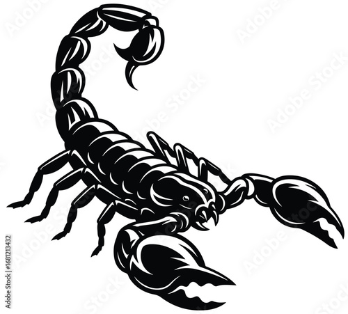 Scorpion: A bold, black and white illustration of a scorpion with its tail raised, in a modern and aggressive graphic style.
