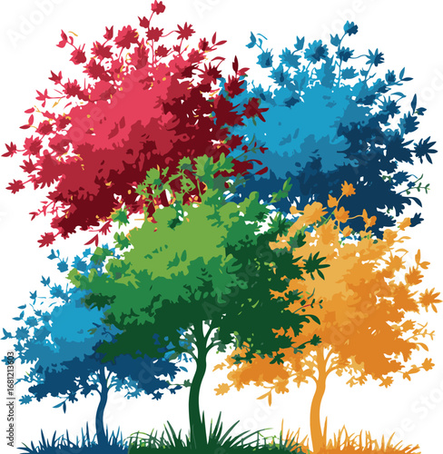 A collection of four bright colorful flower tree paintings