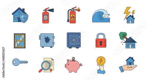 Colorful flat line art icon set for home insurance, property safety, and financial security concepts.