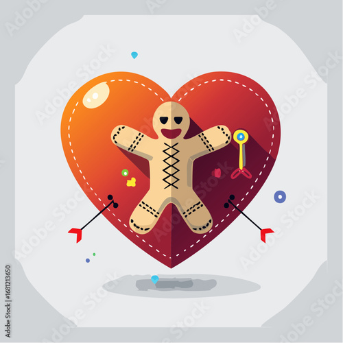 A Voodoo Doll Pierced by Arrows on a Stitched Heart, a Symbol of Love and Pain, Halloween Icon