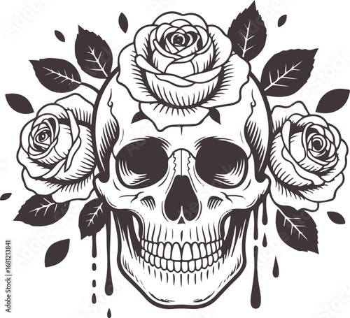 Skull and Roses Vector Illustration with Detailed Line Art and Shading