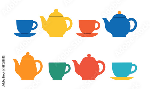 Colorful teapot and teacup silhouettes in modern flat design