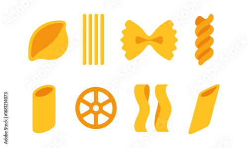 Colorful collection of various pasta shapes in flat design