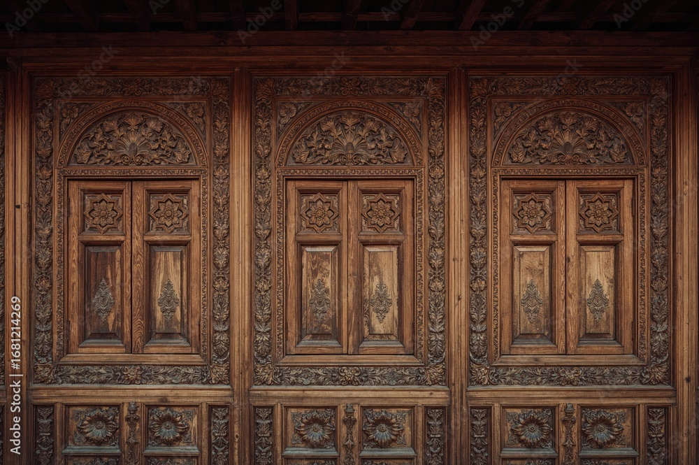 Obraz premium Three vintage windows featuring ornate carved frames