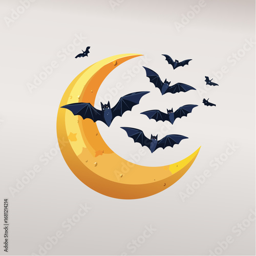 Spooky Night Vector illustration of a crescent moon with bats flying, flat clean style, Halloween decor