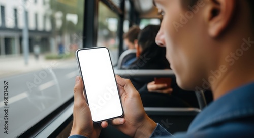 Young man uses smartphone on public transport, blank screen visible.