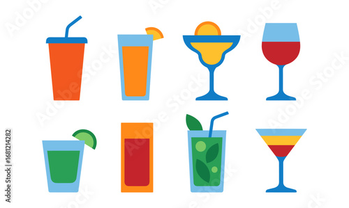 Colorful collection of cocktail and juice glass icons in flat design style