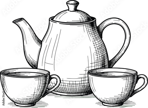 Teapot: A detailed line art illustration of a vintage teapot and two teacups, in a classic, hand-drawn sketch style.