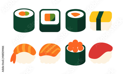 Assorted sushi set in flat design: delicious japanese cuisine collection