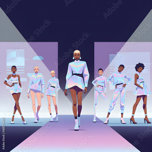 Diverse female models on futuristic iridescent runway