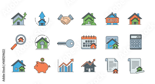 Collection of Colorful Real Estate Icons, Showing Various Aspects of Home Buying and Selling.