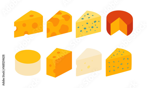 Colorful isometric cheese collection featuring various types and textures