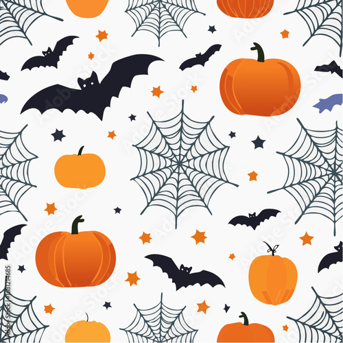 Seamless Halloween pattern with festive orange pumpkins, spooky flying bats, and spider webs. A repeatable vector background with a flat minimal style