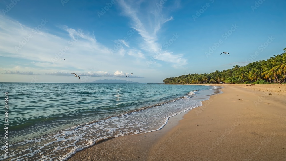 Fototapeta premium Early day at a sandy beach with vibrant blue water and open sky