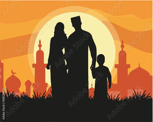 Family Silhouette in Traditional Attire with Mosque at Sunset