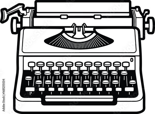 Typewriter: A detailed line art illustration of a vintage typewriter, in a clean, hand-drawn sketch style.