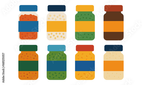 Flat design jars with various contents and colorful labels