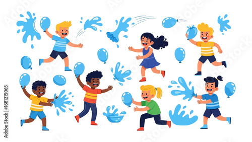 Playful Water Fun: A vibrant illustration capturing children engaged in a joyful water balloon fight, filled with splashing, laughter, and the exuberant spirit of summer.