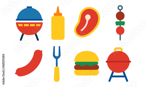 Colorful flat bbq icons: grill, sausage, burger, kebab, mustard, fork, steak