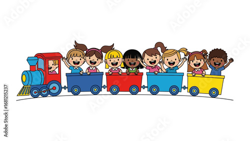All Aboard for Fun: A playful train, adorned with vibrant colors, chugs along carrying joyful children on a fun adventure, symbolizing growth and progress.