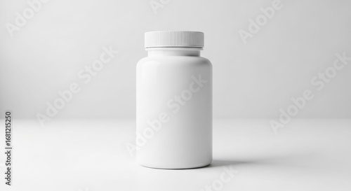 A white plastic bottle with a screw-on cap stands on a white surface against a white background.