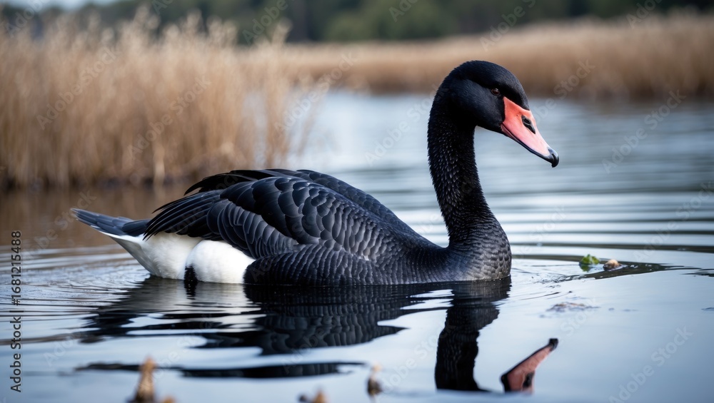 Fototapeta premium A black-feathered swan depicted here
