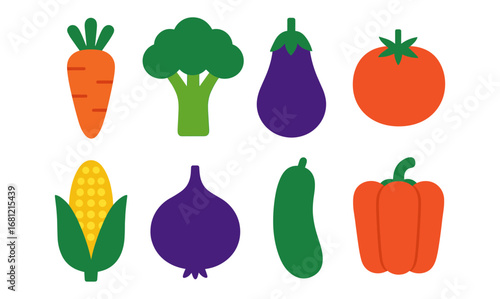 Wallpaper Mural Colorful flat vegetable icons set with carrot, broccoli, eggplant, tomato, corn, onion, cucumber, and bell pepper Torontodigital.ca