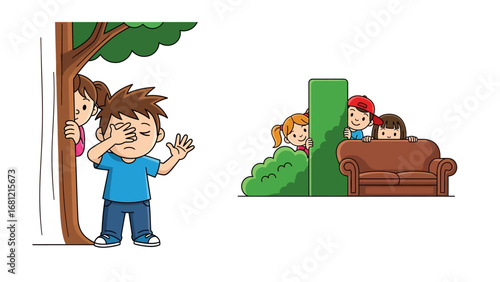 Hide and Seek: A charming illustration captures a playful game of hide-and-seek, where children joyfully conceal themselves behind trees, bushes, and furniture.