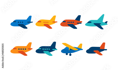 Colorful flat airplane icons set for travel and aviation themes