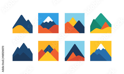 Colorful geometric mountain icons in flat style