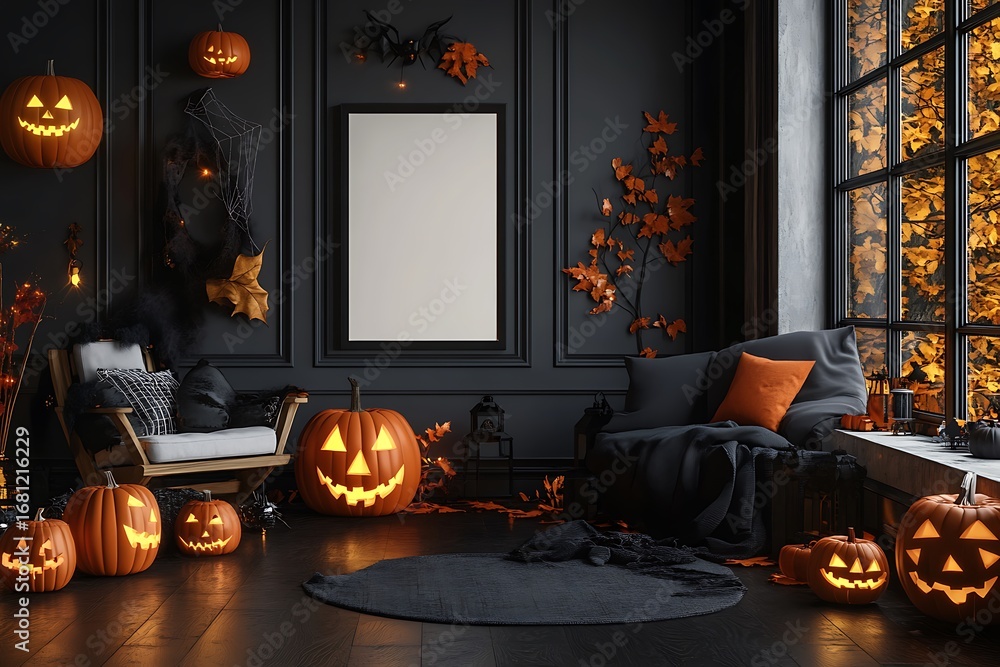 Obraz premium Spooky Halloween scene with glowing jack-o'-lanterns and cozy autumn decor, perfect for seasonal promotions