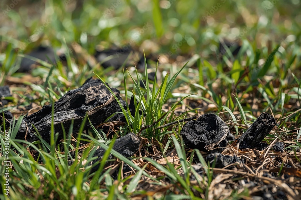 Fototapeta premium Charred wood remnants lie scattered amidst the emerging green grass