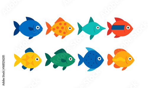 Colorful flat fish collection: playful cartoon sea life set