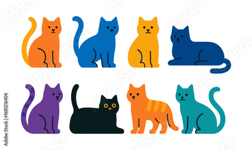 Colorful flat cats collection: diverse feline designs for creative projects