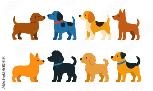 Colorful flat style dogs collection with diverse breeds