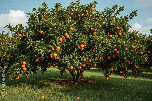 The orange tree in the garden is bearing fruit