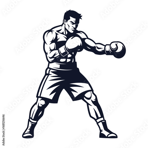 Boxer Ready to Punch: A muscular boxer, depicted in striking black and white, stands poised to throw a powerful punch, epitomizing strength and the intensity of the sport. 