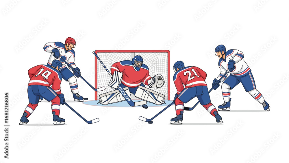 Obraz premium Hockey Players in Action: An illustrated image capturing the intensity of a hockey match, with players battling around the net.
