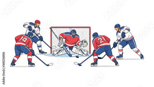 Hockey Players in Action: An illustrated image capturing the intensity of a hockey match, with players battling around the net.