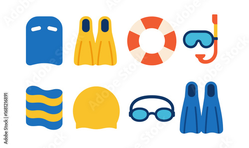 Collection of flat swimming gear icons: snorkel, flippers, goggles, kickboard, life buoy