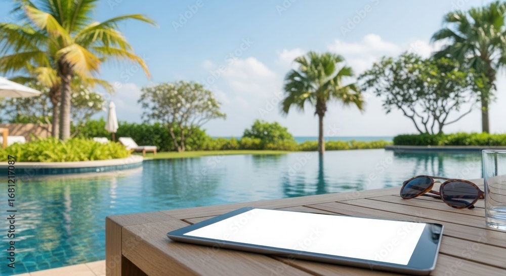 Fototapeta premium A tablet rests on a wooden table beside a pool, overlooking the ocean.