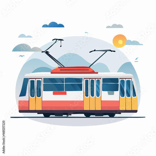 Flat Illustration Of A Tram In City Landscape