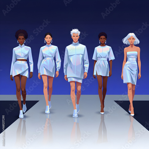 Fashion models walking runway in holographic light-blue outfits
