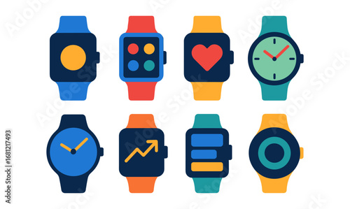 Colorful smartwatch icons set with minimal flat design for tech themes