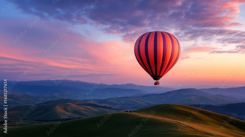 Obraz premium A breathtaking landscape featuring a hot air balloon soaring through the sky, perfect for inspiring travel dreams and adventure.