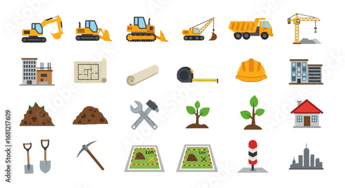 Colorful Flat Icon Set of Construction Equipment and Tools.