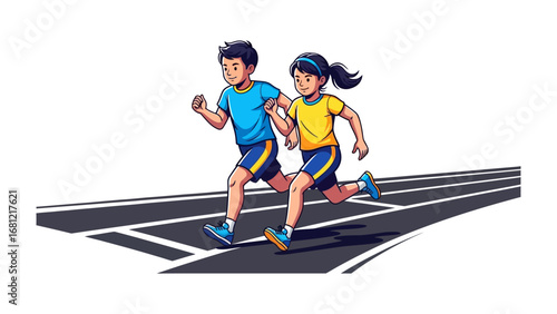 Children's Running Race Illustration: Dynamic illustration of two young children enthusiastically competing in a running race. It embodies the spirit of sports, speed, and determination. 