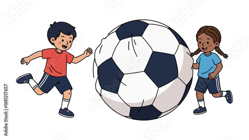 Playful Duo with Soccer Ball: A cheerful pair of children, brimming with youthful energy, engages in a lively game, playfully interacting with a giant soccer ball, evoking the spirit of outdoor play.