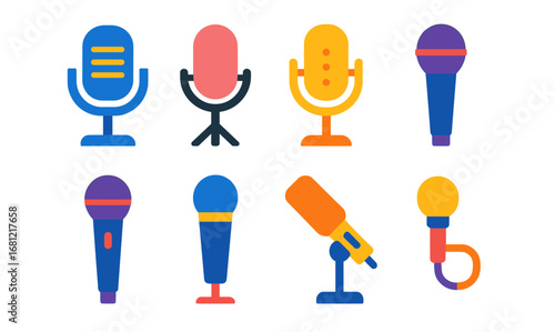 Colorful flat microphone icons set for music and podcasting designs