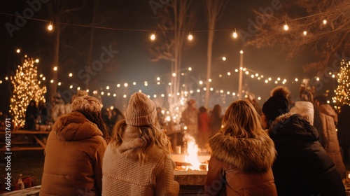 A group of women gathered around a bonfire with string lights overhead at night. Cozy outdoor winter celebration for a holiday.